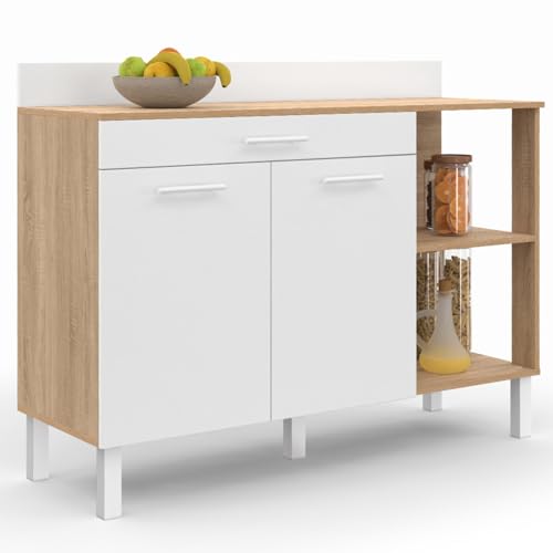 IDMarket - Buffet Bas de Cuisine 120 cm CINA Plan de Travail H.83 cm 2 Portes + tiroir façon hêtre et Blanc
