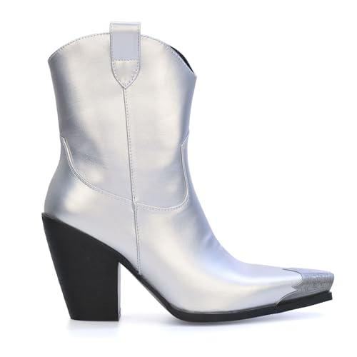 Image of Cowboy Ankle Boots for Women Engraved Steel Toe Cowgirl Boots Stacked Block Heels Short Cowboy Boot Fashion Dressy Western Country Booties