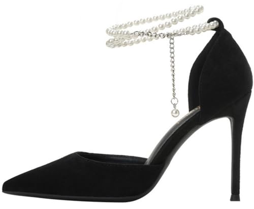 Women's Pearls Ankle Strap High Heel Pumps Shoes Sexy Pointed Toe Evening Dress Heels