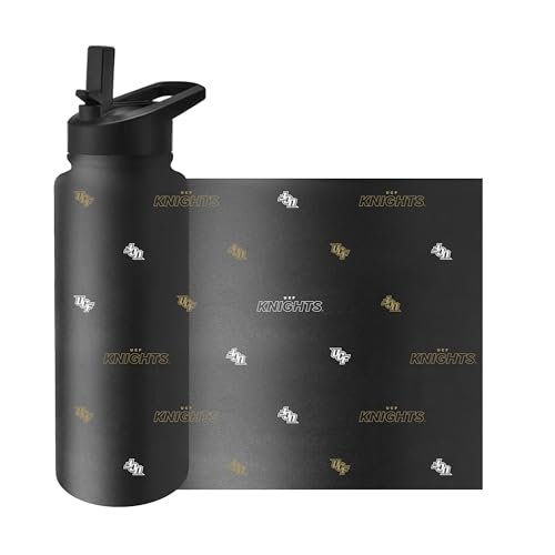 Image of Logo Brands NCAA Central Florida Golden Knights Step & Repeat 34 oz Stainless Steel Quencher Bottle - All Over Logo Design, No-Spill Lid, Easy Carry Handle - Keeps Drinks Cold For Hours