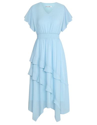 Image of GRACE KARIN Women's Casual Summer V Neck Flutter Ruffle Short Sleeve 2025 Empire High Waist Flowy Midi Dresses