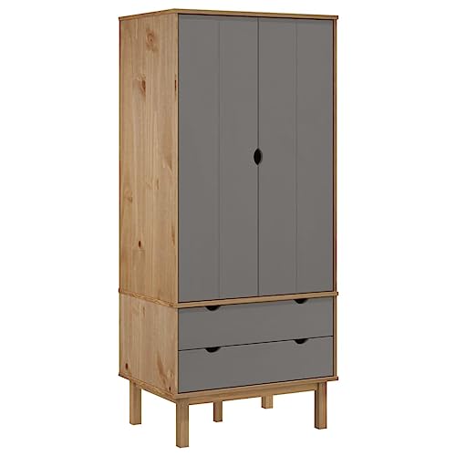 vidaXL Armario Ropero Ropa Cajones Mueble Almacenamiento Guardarropa Organizador Dormitorio Habitación de Madera Maciza de Pino Marrón y Gris