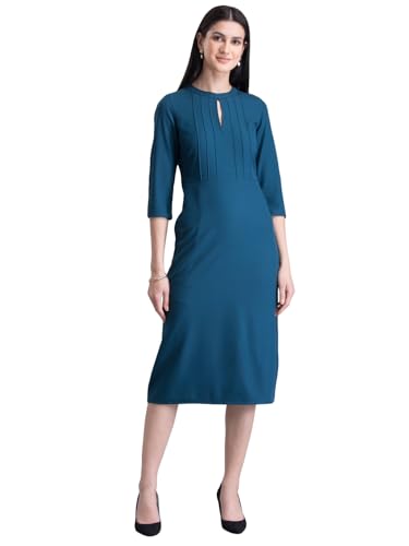 Image of FableStreet Women's Polyester Stylised Neck Pintuck Midi Dress