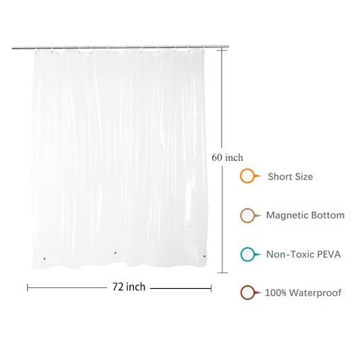 Image of Short Shower Curtain liner 60 inch Length, Midweight Clear Shower Curtain Sets for Bathtub-Premium PEVA Heavy Duty Bathroom Curtains with 12 Rustproof Grommets and 3 Magnets, Clear, 72x60 Inch