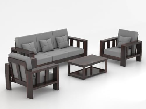 Image of Sheesham Wooden 5 Seater Sofa Set for Living Room | Solid Wood Sofa | Rosewood Sofa Set for Home & Office | Lounge (Walnut, 3+1+1 Seater)