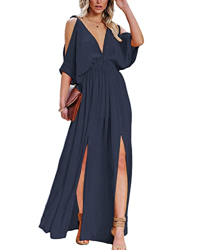 DEEP SELF Women Summer V Neck Cold Shoulder Short Sleeve Maxi Dress High Waist Split Wedding Guest Long Dress