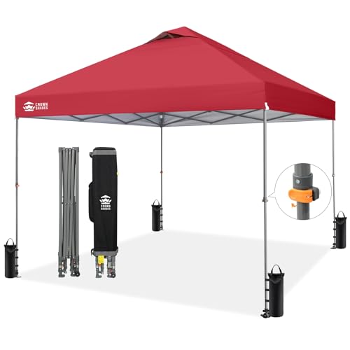 Image of CROWN SHADES Adjustable Height on The Fly, 10x10 Pop Up Canopy - Beach Tent with One Push Setup - Easy Outdoor Sun Shade for Events, Parties, Camping - Outside Shade with STO-N-Go Bag, Red