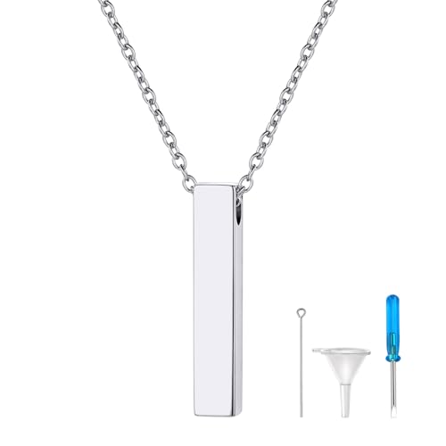 Richsteel Colgante Barra Rectangular Relicario Perfume Urna cremación Cenizas Amor Querido, Joya Hombre Mujer, Acero Inoxidable, Cadena Ajustable 20 Pulgadas