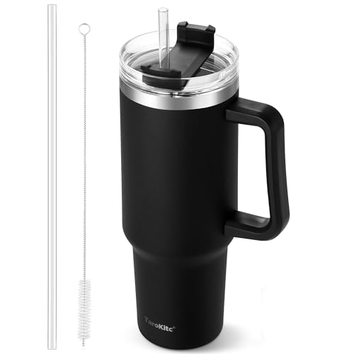 TaroKitc 40 oz Tumbler with Handle | Stainless Steel Insulated Travel Mug Iced Coffee Cup with Lids and Straw | Keeps Drinks Cold for 34 Hours | Dishwasher Safe, BPA Free | BLACK