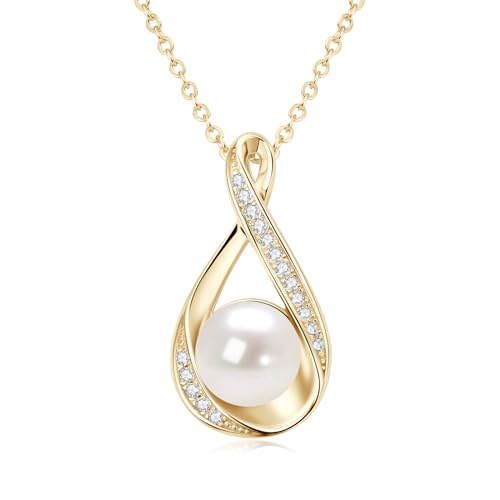 DENGGGUANG Freshwater Pearl Pendant Necklaces for Women, Sterling Silver Infinity Single Pearl Necklace with Shiny Moissanite Wedding Jewelry Gift for Bride Bridesmaid