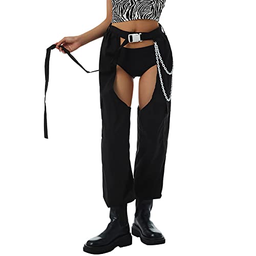 Assless Chaps Women\'s Black Cargo Rave Pants with Belt High Waist Crotchless Buckle Chain Hollow Out Dance Trousers Y2K EDM Festivals UFO Pants #2 L