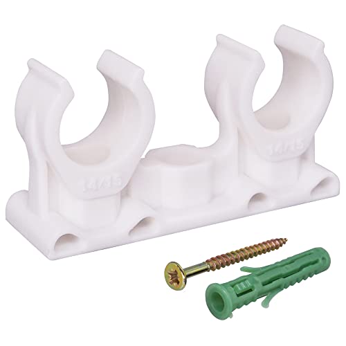SKIR'CO (10 pcs) Double Pipe Clips, Plastic Clamps for 14-15 mm Pipes, U Type Pipe Clamp, Tubing White Clips, Hose Hangers