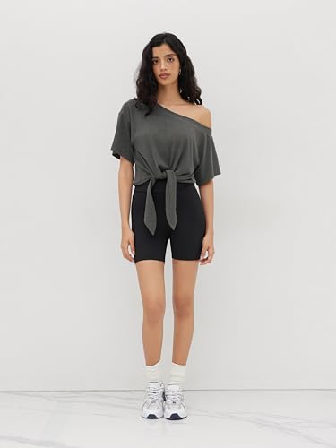 CIDER Women Asymmetrical Neck Off Shoulder Knotted Oversized Tee Short Sleeve Casual T-Shirt3