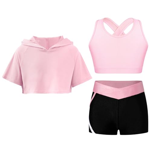 Lpdshaa Completo Sportivo da Allenamento Bambina 3 Pezzi Tuta Ginnastica Artistica Danza Hip Hop Hoodie Felpa con Cappuccio + Reggiseno Sportivo + Pantaloncini Sportwear A Rosa 5-6 anni