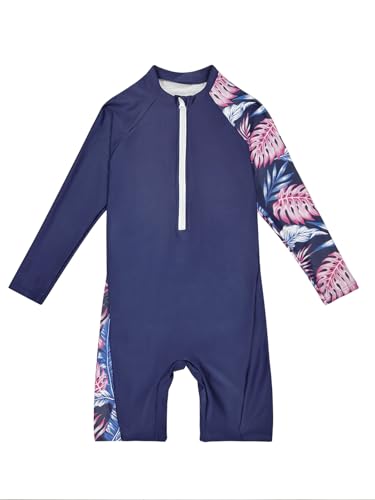 Image of Girls One Piece Rash Guard Swimsuit Long Sleeve Swimsuits with Zipper Patchwork Beach Bathing Suit for Kids 4-13 Years