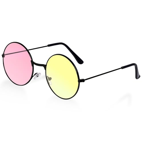 Hmxpls Round Hippie Glasses 60s 70s Colored Circle Sunglasses for Women Men Disco Party Costume Accessories (Yellow/Pink)
