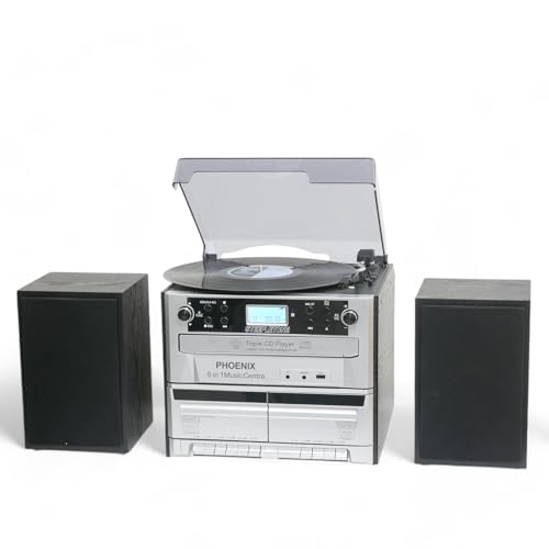 Steepletone PHOENIX Centre musical 6 en 1 Volume d'enceintes élevé, Triple lecteur CD, Lecteur de disques vinyle, Double cassette, Radio FM et Bluetooth,...