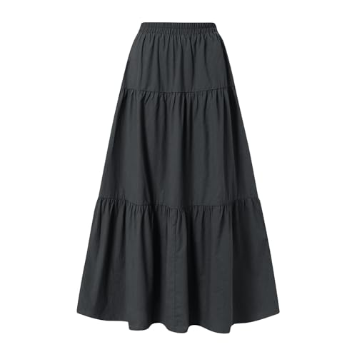 Linen Maxi Skirts for Women 2025 Casual Summer Tiered Long Pleated Skirt Comfy Elastic Waist Beach A Line Flowy Skirt2