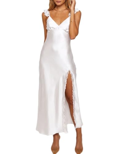 Image of KOUNAI Women's Satin Summer Lace Slit Formal Midi Dress for Wedding Guest