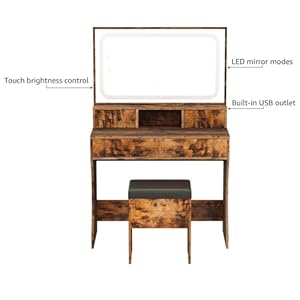 Ironckvanitydesksetwithledlightedmirrorpoweroutletmakeupvanitytablewith4drawersstoragebenchdressingtableforbedroomvintagebrown Urban Country Home Decor Ironck vanity desk set with led lighted mirror power outlet makeup vanity table with 4 drawersstorage benchdressing table for bedroom vintage brown urban country home decor