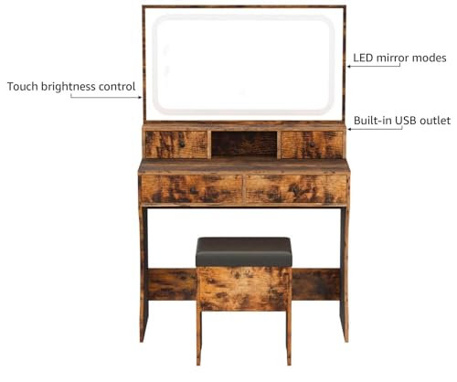 Ironckvanitydesksetwithledlightedmirrorpoweroutletmakeupvanitytablewith4drawersstoragebenchdressingtableforbedroomvintagebrown Urban Country Home Decor Ironck vanity desk set with led lighted mirror power outlet makeup vanity table with 4 drawersstorage benchdressing table for bedroom vintage brown urban country home decor