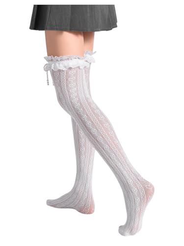 Milumia Women's Heart Print Lace Thigh High Stockings Ruffle Trim Bowknot Over Knee High Socks3