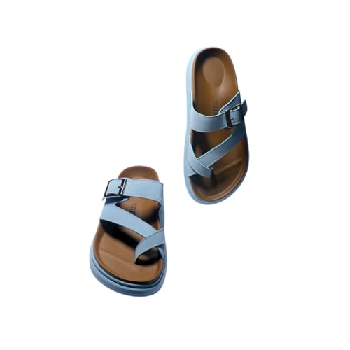 Image of Womens Comfort Buckle Sandals Slip-On Flat Casual Slides with Double Strap & Soft Footbed | Stylish Summer Footwear for Ladies