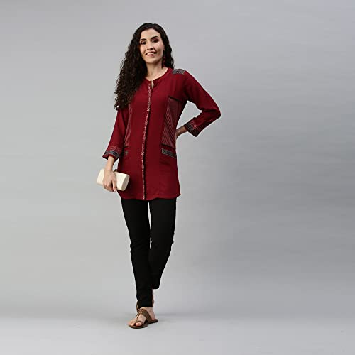 Image of SheWill Cotton Blend Stripe Print Embroidered A-Line Tunic