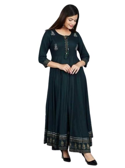 Image of Women's Printed Rayon Anarkali Kurti with 3 /4 Sleeves - Perfect for Festive, Party