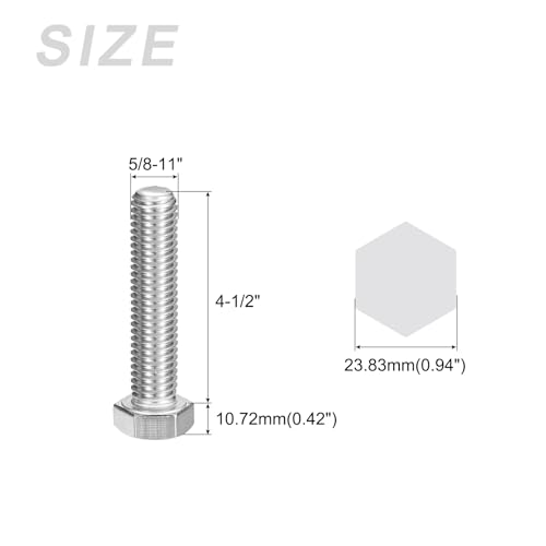 Image of METALLIXITY Hex Head Bolts (5 /8-11 x 4-1 /2 inch) 10Pcs, 304 Stainless Steel 18-8, Fully Threaded, External Hex Drive, Plain Finish, Hex Head Screw Bolt, Silver