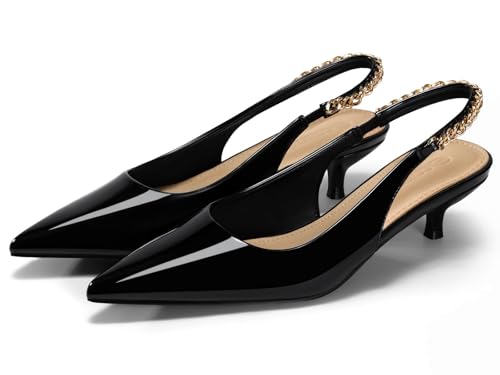 Coutgo Womens Slingback Kitten Heels Closed Pointed Toe Pumps Dress Work Shoes with Gold Chian