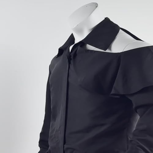 Cambkatl Men's Cold Shoulder Button Down Shirts - Long Sleeve Sexy Personalized Lapel Collar Club Party Shirts2