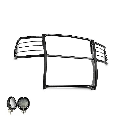 Image of Black Horse Grille brush Bumper Guard Modular Black Come with Pair of 5.3 inch Dia.LED Lights with Black Trim Rings Compatible with 2014-2018 Chevrolet Silverado 1500-17GT27MA-PLFB