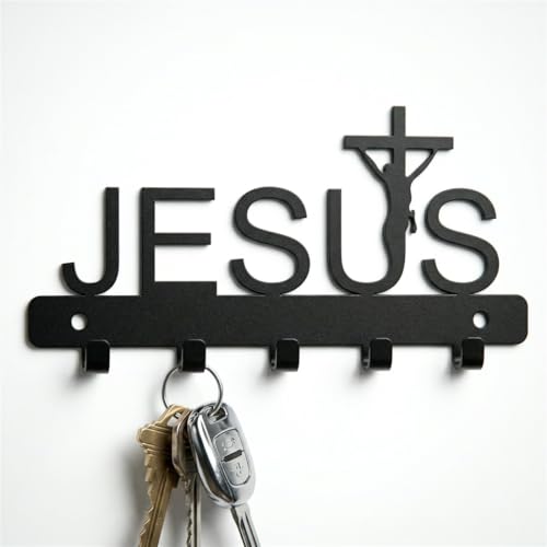 Image of Ventuos Metal Wall Mounted Key Holder with 6 Hooks, Jesus Design, Key Organizer for Home Office Bedroom Entryway