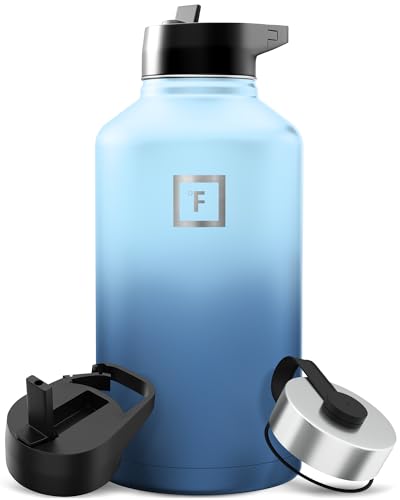 Image of IRON FLASK Camping & Hiking Hydration Flask with Straw, Wide Mouth Insulated Stainless Steel Sports Water Bottle - 64 oz Blue Waves