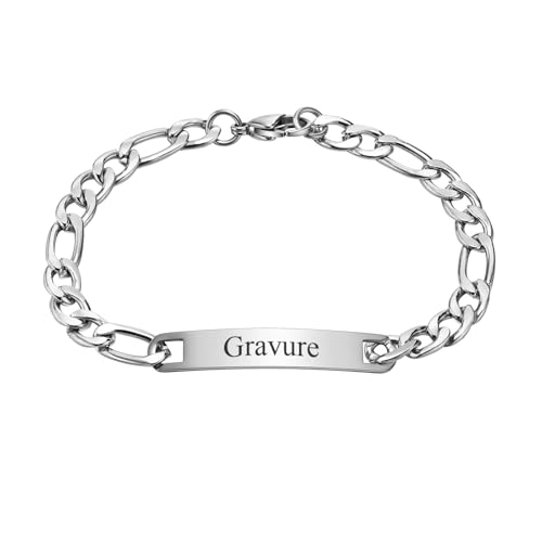 FLHEART Bracelet Homme Personnalisé Chaîne Gourmette - Argent Acier Inoxydable Gravure Chaînes avec Plaque Bracelets pour Hommes, Idée Cadeau Anniversaire...