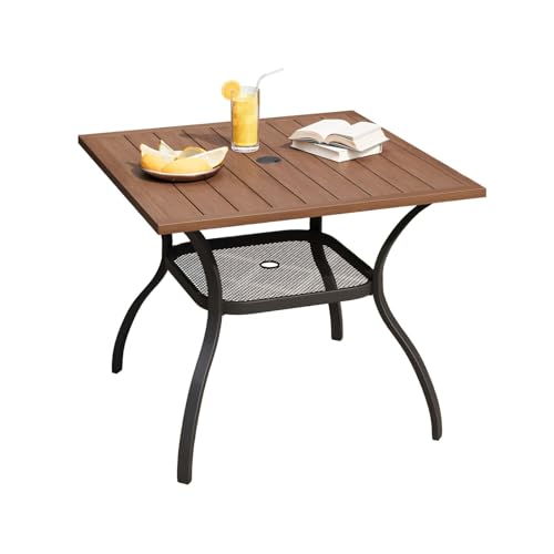 DIFY Outdoor Dining Table Patio Square Metal Dining Table with 157 Umbrella Hole for 4 Person Ideal for Poolside Deck Garden and Balcony Walnut