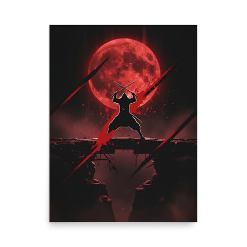 Póster samurai con silueta de guerrero japonés en postura de batalla y acabado mate