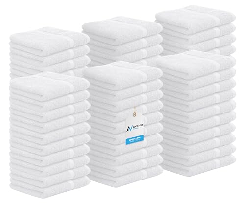 Avalon Towels Cotton Washcloths – (Pack of 60) Size 12x12 Inches, 100% Ring Spun Cotton, Soft & Absorbent Face Towels, Gym Towels, Hotel and Spa Quality, Reusable Fingertip Towels (White)