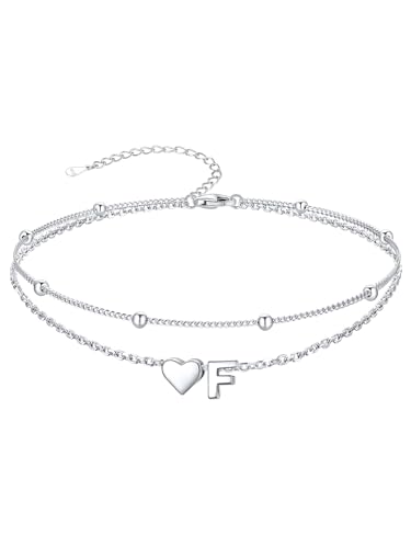 Image of SILVERCUTE Silver Anklets for Women, Waterproof Initial Heart Ankle Bracelets Sterling Silver, Adjustable Layered Foot Jewelry Summer Beach Fashion with Personalized Name Design, Gift Package
