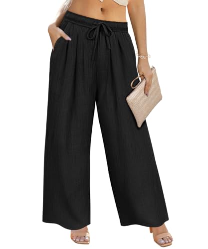 TIYOMI Plus Size Pants for Women Summer Palazzo Pants Drawstring Wide Leg Pant Casual Beach Pant Workout Comfy Trousers with Pockets 5X Black Vacation Outfits 5XL 28W