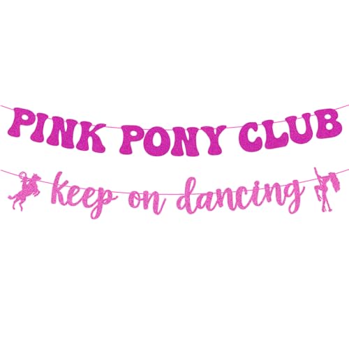 Image of Glitter Pink Pony Club Party Banner, Keep On Dancing Disco Bachelorette Decorations, Horse Theme Birthday Party Sign Banner Background, Western Rodeo Cowgirl Let's Go Girls Party Supplies