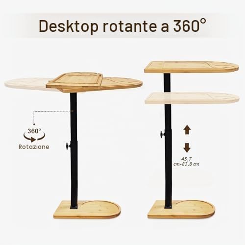 Tavolino Laterale Forma C Bambù Metallo Moderno Altezza Regolabile, Side Table, Tavolino Letto, Tavolino Divano, Tavolino Comodino, Tavolino Cura, per Soggiorno Camera da Letto Bagno