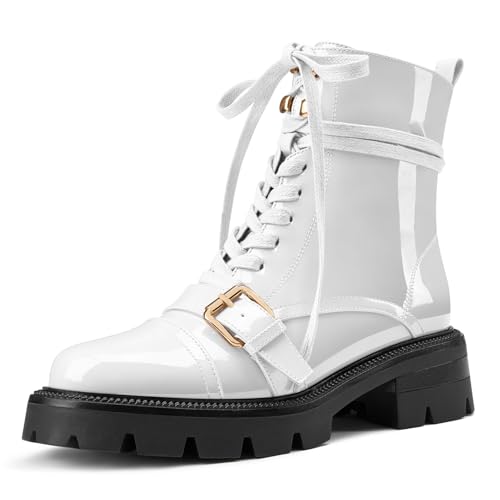 NobleOnly Womens Low Chunky Heel Lace-up Combat Boots Zipper Metal Buckle Round Toe Ankle Boots Casual Fashion Short Bootie 1.4 Inches Heels