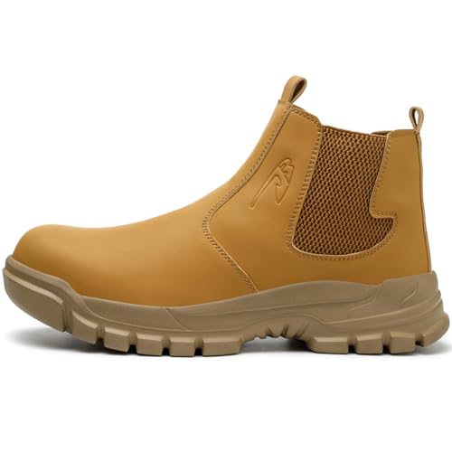 Chaussures De Sécurité sans Lacets pour Homme, Bottes De Soudure en Cuir Suédé, Embout en Acier Large, Légères Et Confortables,Jaune,42 EU
