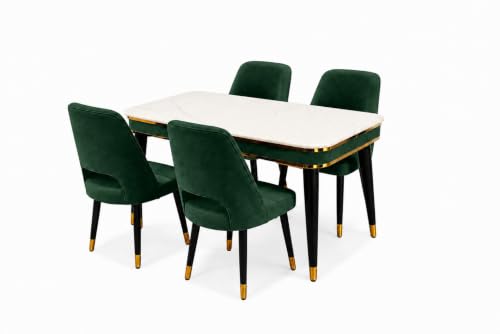 Image of WOODEN SPACE 4 Seater Wooden Dining Table Set | Urban Marble Top Dining Table with Chairs for Dining Room & Kitchen (Modern Vintage Dark Green) (54 x 36 x 30 inch)