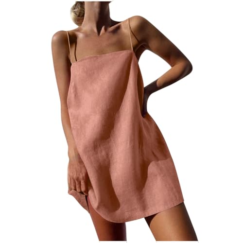 BFSWL Leinenkleider Damen Sommer Kurz – Lockere Musselin Trägerkleid – Spaghettiträger Mini Somerkleid – Casual Einfarbig Strandkleid