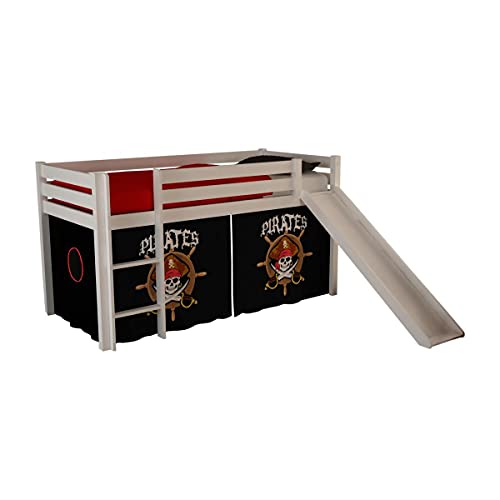 VIPACK PINO Lit Mezzanine avec Toboggan pin Massif Blanc + Rideau de lit Pirate