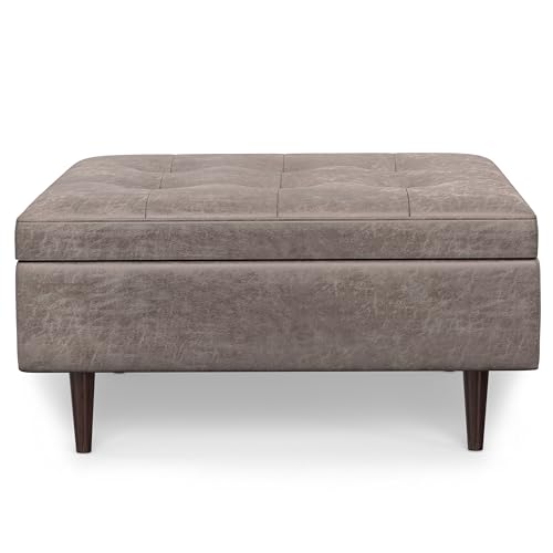 SIMPLIHOME Shay 38 inch Wide Mid Century Modern Large Square Coffee Table Storage Ottoman in Distressed Grey Taupe Vegan Faux Leather, Assembled, for The Living Room, Entryway and Family Room