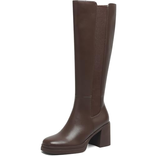Knee High Boots for Women Square Toe Side Zipper Boots with 3 Inch Chunky Block Heel and Platform Stretch Elastic Fall Tall Boots for Casual Comfort and Daily Wear